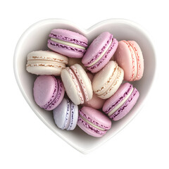 Fototapeta premium Hyper-realistic 3D rendering of a white ceramic heart-shaped plate filled with macarons in pink, lavender, and cream colors, isolated on a pure white background, no shadows