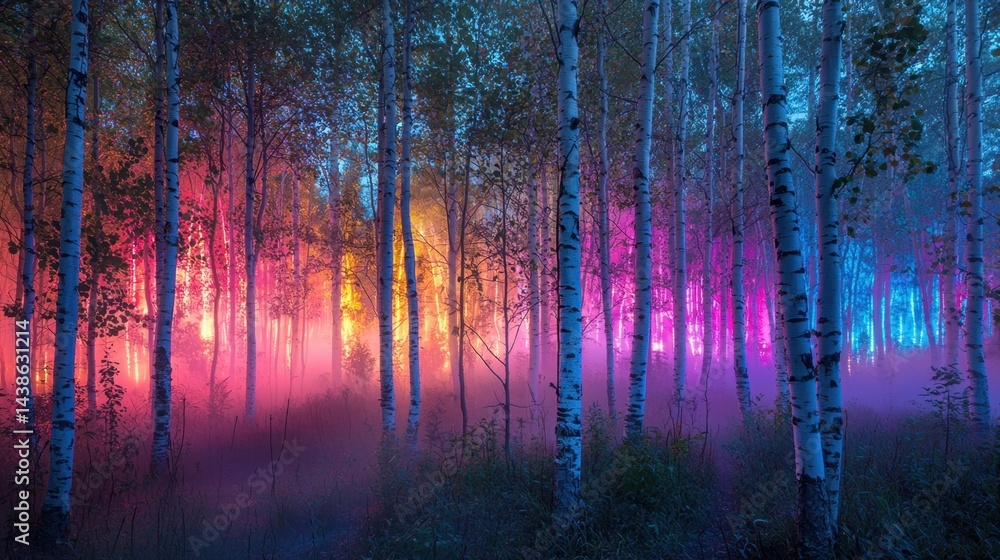 Poster vibrant multicolored lights pierce through a dense mist in a forest of slender trees, creating an en