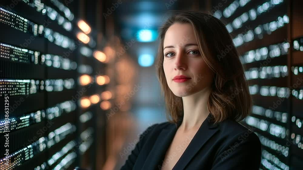 Poster portrait of female data technician examining live analytics on her digital tablet. server lights bli