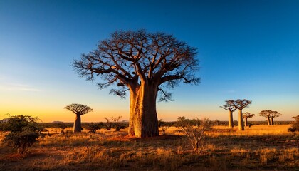 Obraz premium majestic baobabs soar into the sky spreading their mighty branches that resemble roots creating a striking silhouette against the endless landscape