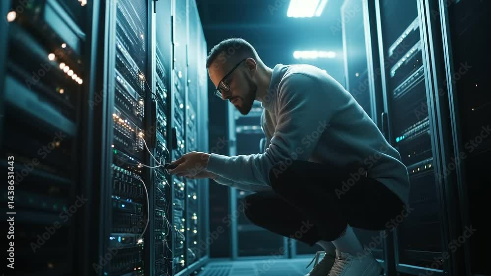 Aufkleber it administrator crouches near open server cabinet, adjusting cables with precision. rows of network