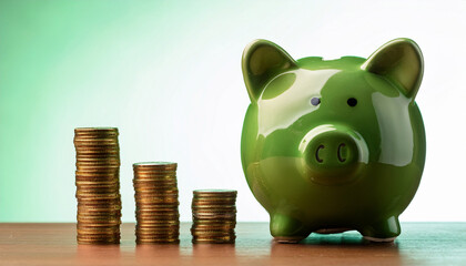 green piggy bank with coin stacks
