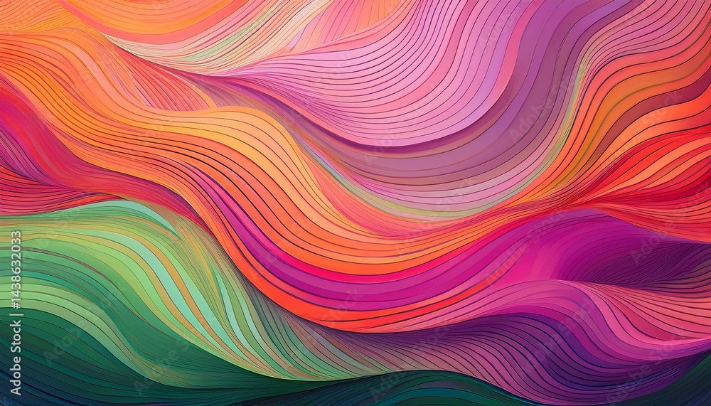 Poster wavy layered panels of pinks oranges purples and greens create an abstract textured background