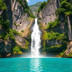 Fototapeta premium Towering cliffs surround a breathtaking waterfall plunging into a crystal-clear lake.