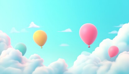 Colorful hot air balloons floating in a pastel sky filled with fluffy clouds