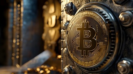 Digital vault with bitcoin symbols, representing secure asset management bitcoin vault, crypto savings


