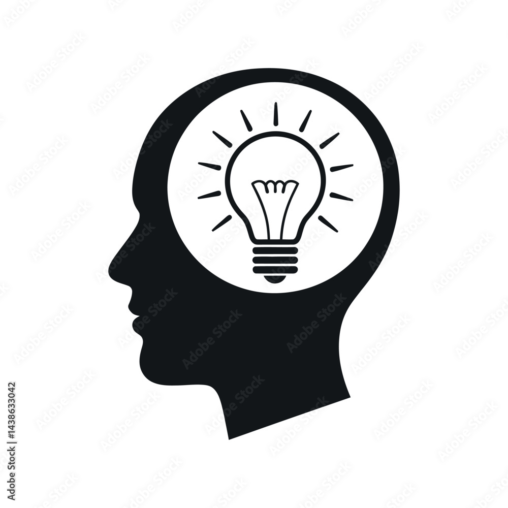 Poster creative mind idea generation conceptual illustration head profile with glowing lightbulb inside for