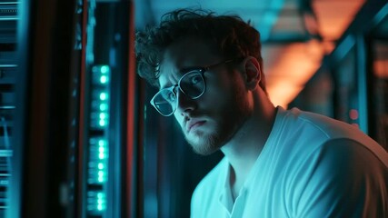 Young male IT specialist checks logs and system vitals in a temperature-controlled server room. His sharp focus underscores mission-critical reliability.