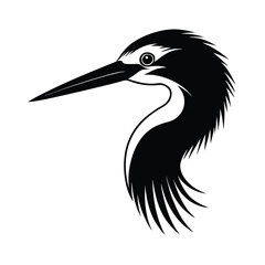 Heron bird silhouette design with long beak in black and white vector illustration