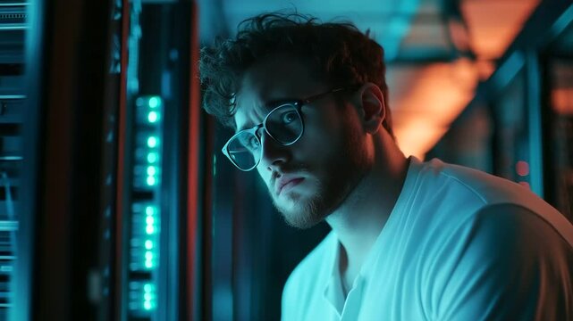 Young male IT specialist checks logs and system vitals in a temperature-controlled server room. His sharp focus underscores mission-critical reliability.