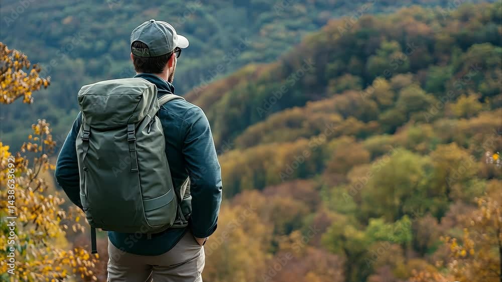 Poster guy enjoys scenic mountain view while standing on a boulder with a travel backpack, guy with a trave