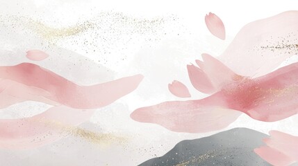 Fototapeta premium This artwork showcases an elegant combination of soft pink and gray hues with flowing brush strokes. The gentle peaks and scattered gold hints evoke a serene atmosphere