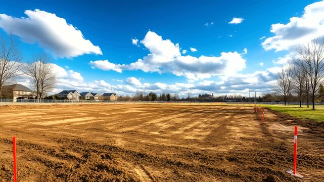 Perspective view of undeveloped field with construction plot marked by red posts. Trees, fences, and blue sky set the scene for suburban expansion.