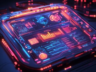 Futuristic Interface: Advanced Technology Display with Neon Accents and Complex Data Visualizations for Immersive User Experience.