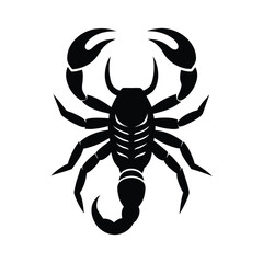Black silhouette of scorpion with claws and tail curled minimalist vector design isolated on white background
