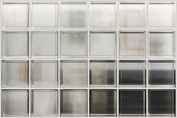 Transparent glass block wall for interior design. Aesthetic and modern shape of textured. Capturing abstract patterns and light distortion. Building assortment for home, bathroom and office.