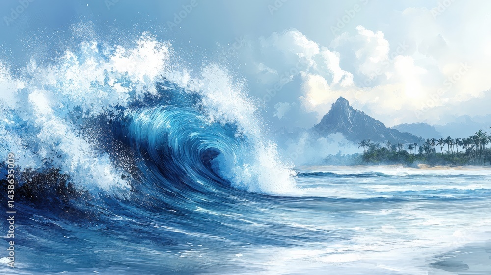 Poster majestic ocean wave crashing on the shore with a distant mountain and palm trees in the background
