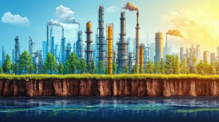 Obraz premium Industrial landscape with smokestacks and greenery beside a reflective water body at sunset