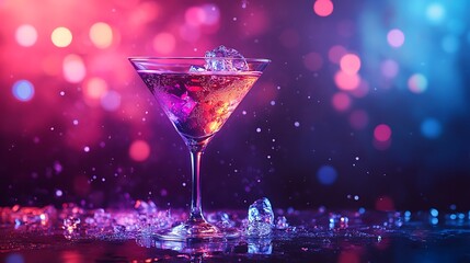 Cocktail in martini glass with splashes on bokeh background