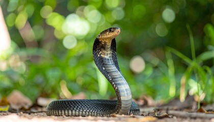 Fototapeta premium cobra, in the forest, greenery background, bokeh background 