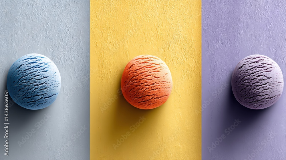 Poster three-color ice cream scoops arranged symmetrically on a smooth background, showcasing vibrant flavo