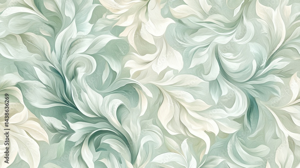 Poster a visually striking pattern filled with intricate leaves in soft green and white creates a serene at
