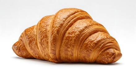  golden brown croissant with flaky layers, placed on a white background