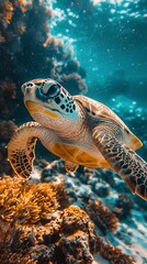 Obraz premium Sea turtle swimming coral reef ocean wildlife