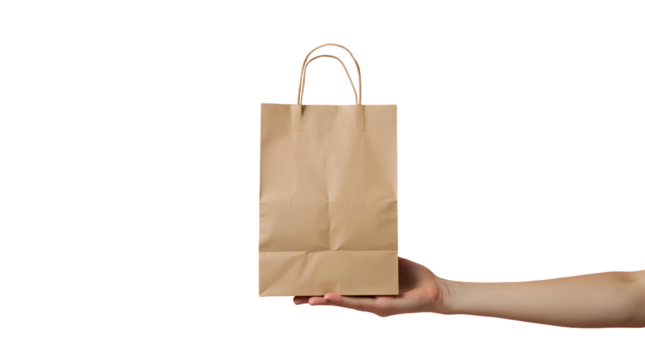 Hand holding paper bag isolated for shopping retail packaging and gift isolated in white or transparent background