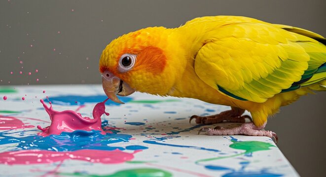 Colorful parrot drinking paint splash on white surface artistic scene