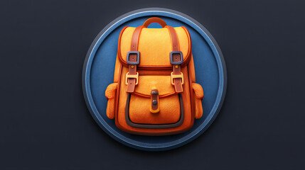 Orange backpack on blue circular showcase, against dark background, symbolizes travel, adventure, and exploration