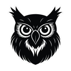 Striking black and white vector illustration of an owl head with intricate feather details