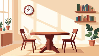 Minimalist wooden game table with chairs in bright living room, simplicity