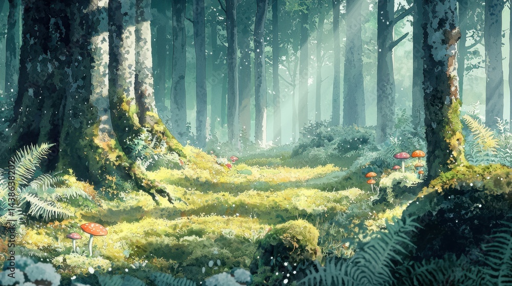 Poster sunlight streams through tall trees in a serene forest, illuminating soft moss and colorful mushroom