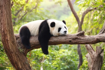 Obraz premium Giant panda sleeping on a tree branch in a natural forest, wildlife photography