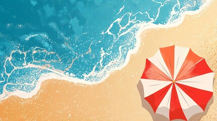 Naklejka premium Summer beach scene with red and white striped umbrella on sandy shore near turquoise ocean waves sea