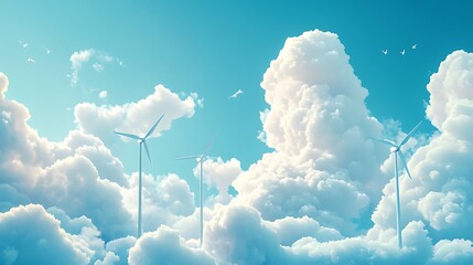Wind turbines in the clouds. 3D illustration. Renewable energy concept