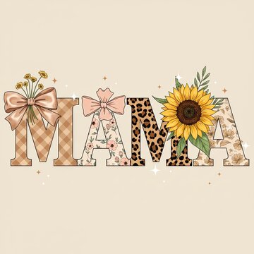 MAMA floral design with bows and sunflower on beige background  