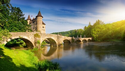 Obraz premium idyllic medieval castle landscape with bridge and verdant forest in sunlight