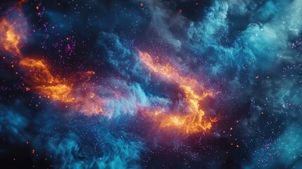 A vibrant display of swirling gas and dust fills the cosmos with orange and blue hues. This celestial phenomenon captures the viewer's imagination with its otherworldly beauty