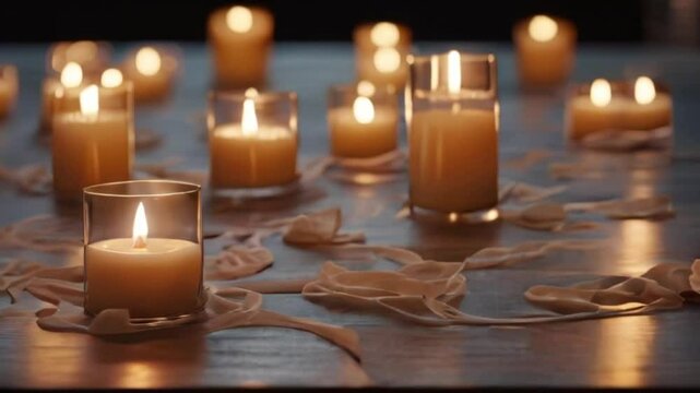 Lit candles in glass holders, warm glow, creating ambiance, on a textured surface