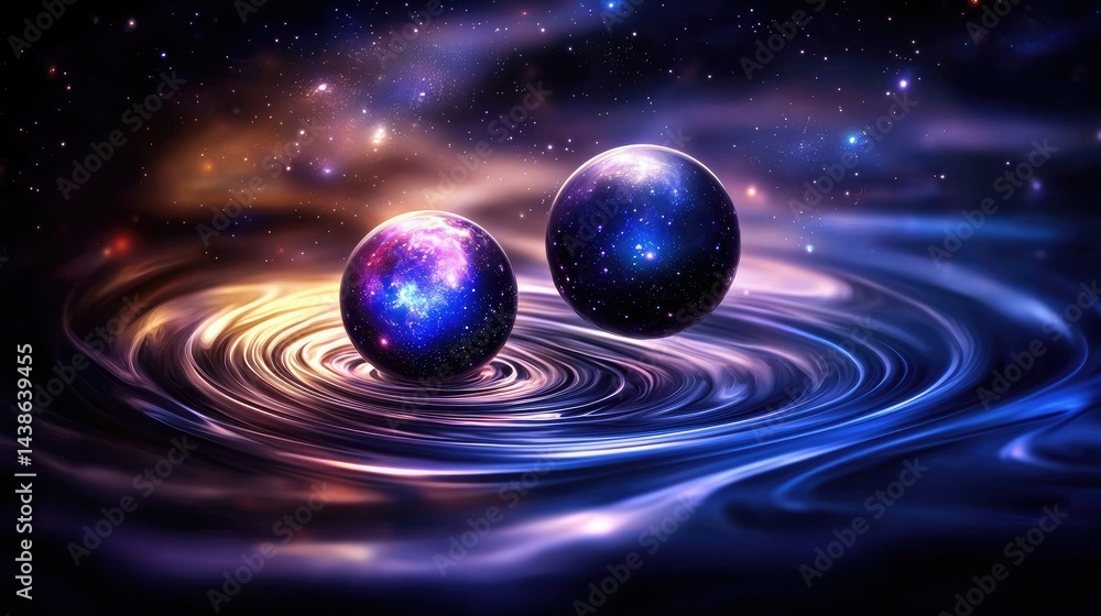 Poster cosmic interaction of twin celestial spheres outer space digital art astral environment surreal view