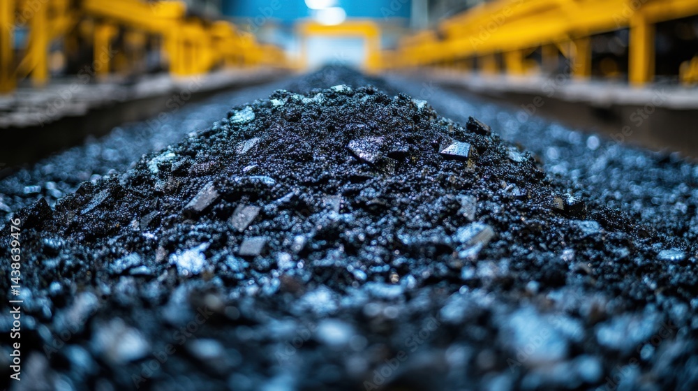 Poster close-up view of a pile of dark material on a factory floor with machinery in the background