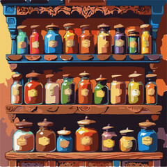 This colorful painting depicts a rustic wooden shelf filled with vibrant spice jars and containers, set against a warm, earthy background.