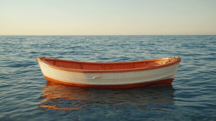 Fototapeta premium Small boat adrift on blue sea under a clear, sunny sky