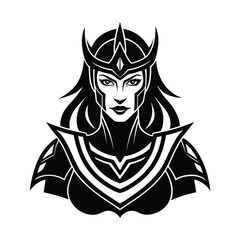 Vector illustration of a powerful warrior woman with helmet and armor black and white