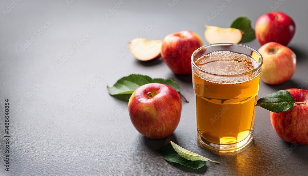 Poster refreshing apple cider served with fresh apples on a gray background with copy space