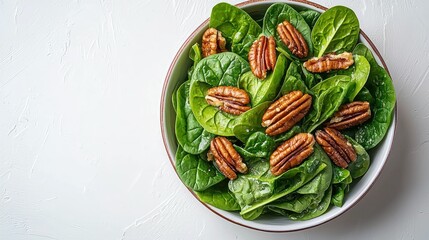Spinach and pecans leafy greens in a bowl
