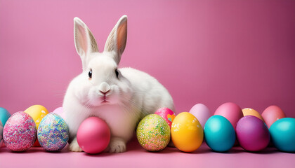 white easter bunny sitting behind colorful decorated eggs on pink background