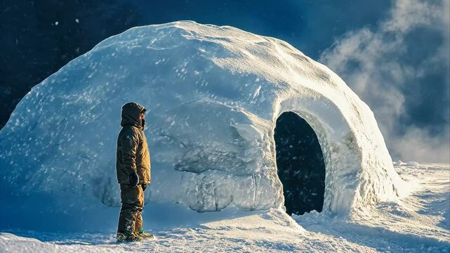 Eskimo standing beside an igloo in a snowstorm against a serene winter landscape, Eskimo next to an Igloo in the snow